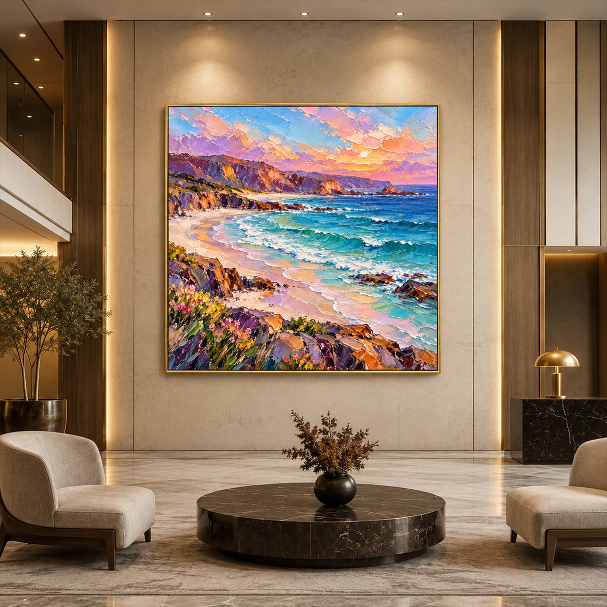 Prismatic Cove artwork displayed above lounge seating in a bright lobby.
