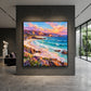 Prismatic Cove artwork displayed on a dark feature wall in a gallery-like interior.