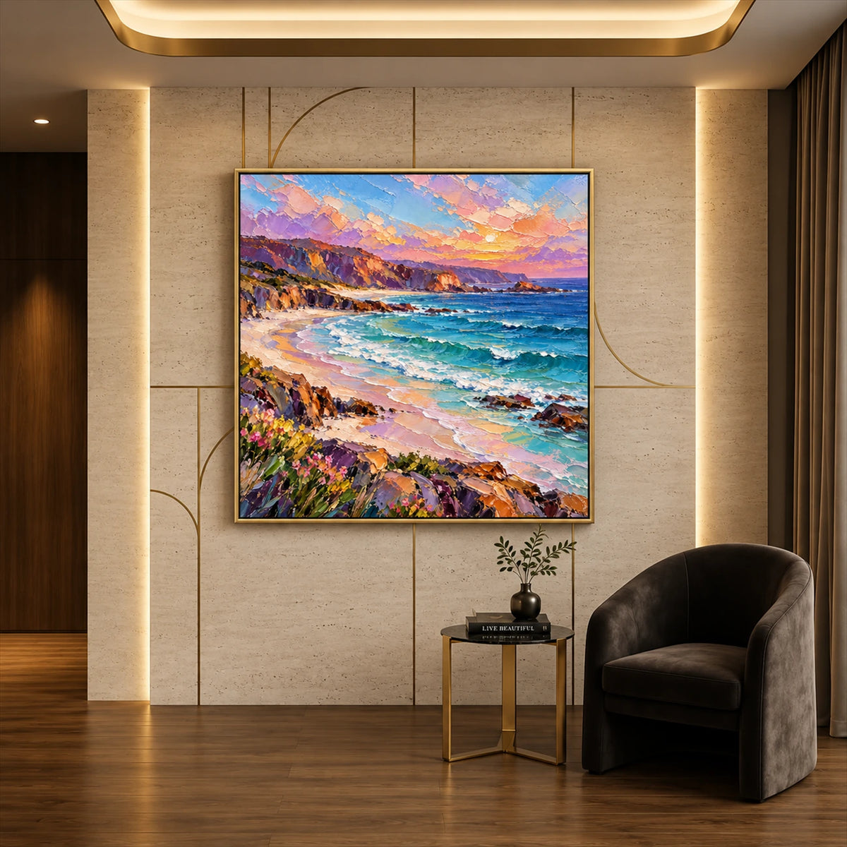 Prismatic Cove artwork displayed beside a dark armchair and small table.