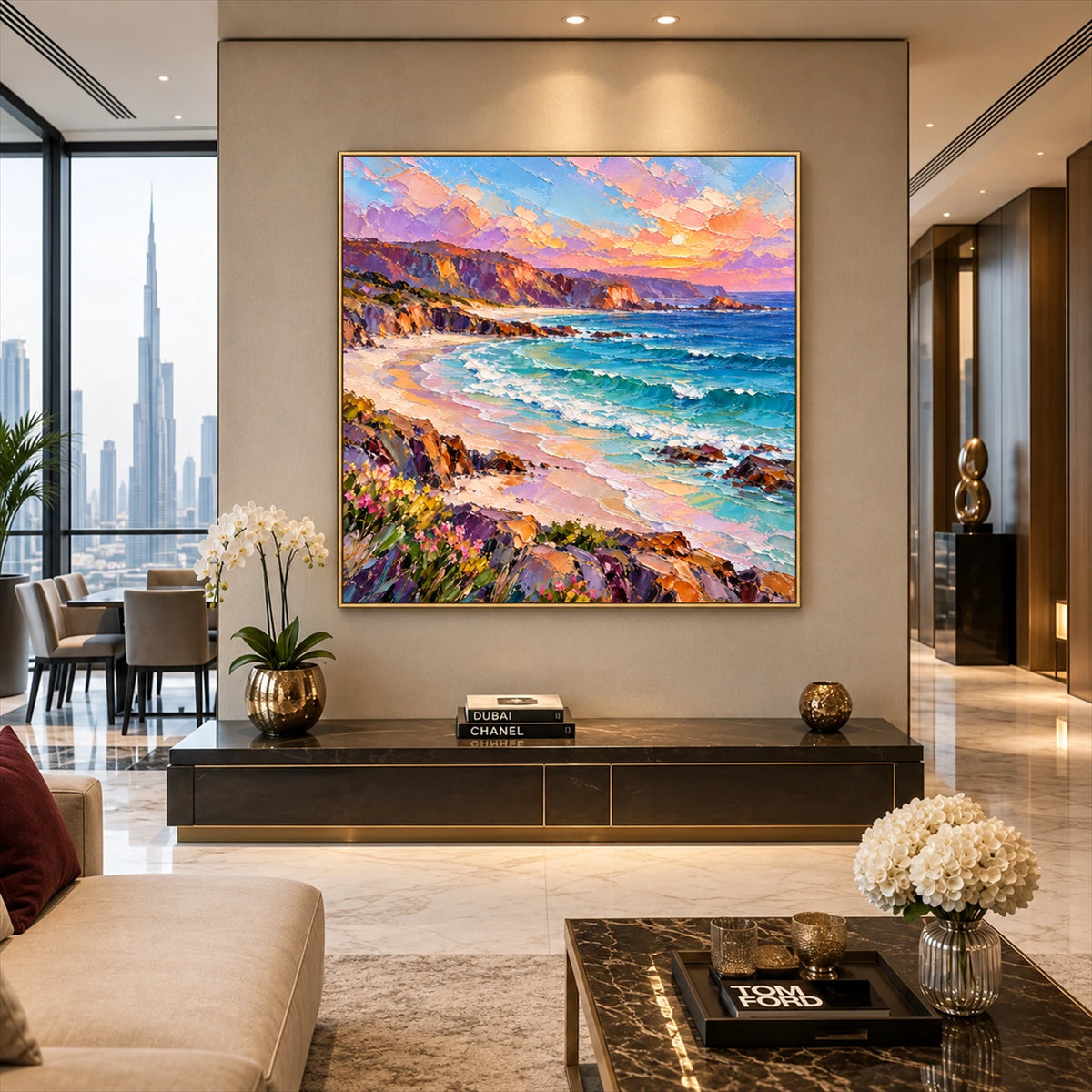 Prismatic Cove artwork displayed above a long console behind neutral seating.