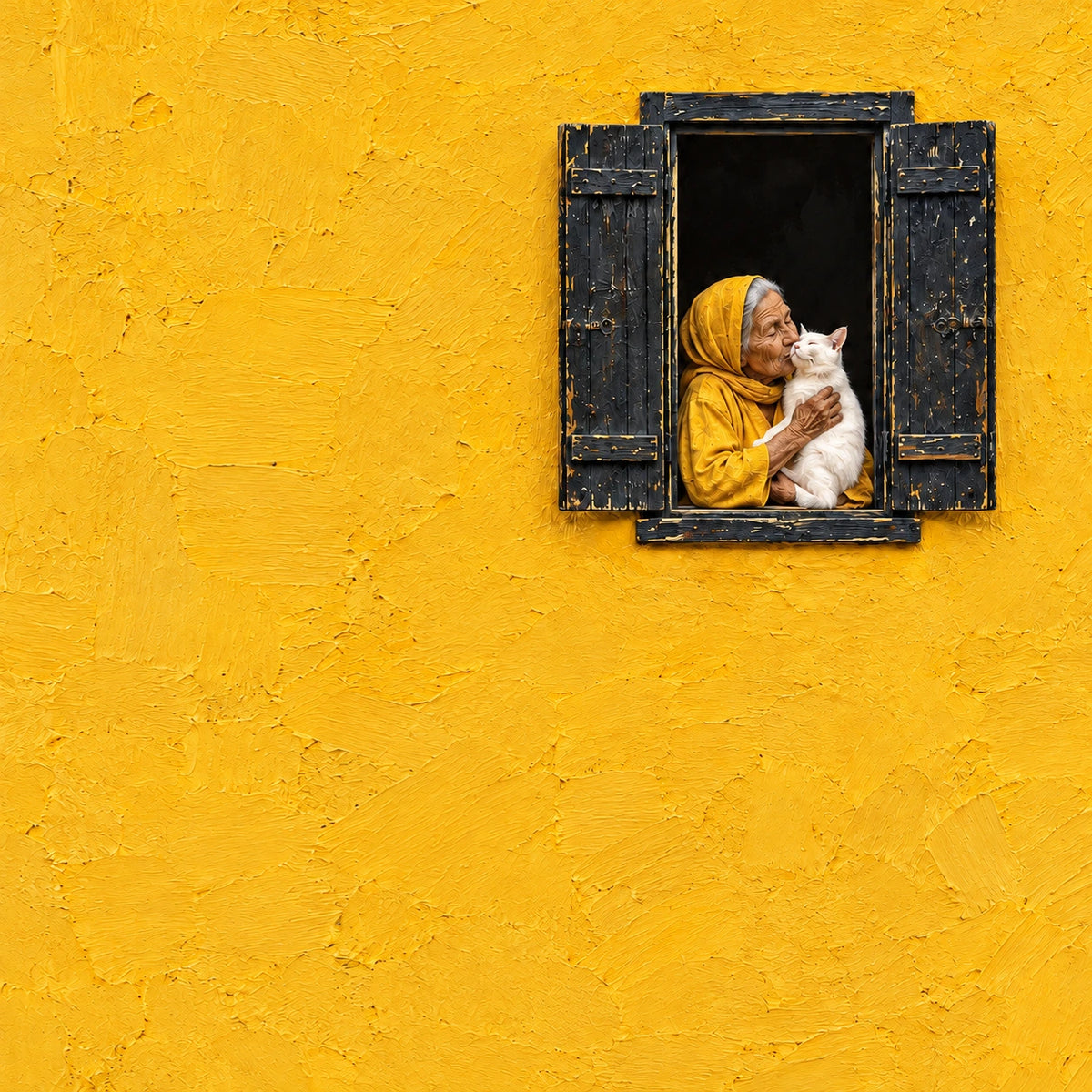 Saffron Window full artwork. A small dark-shuttered window interrupts a broad field of textured yellow, revealing a figure holding a white cat close.