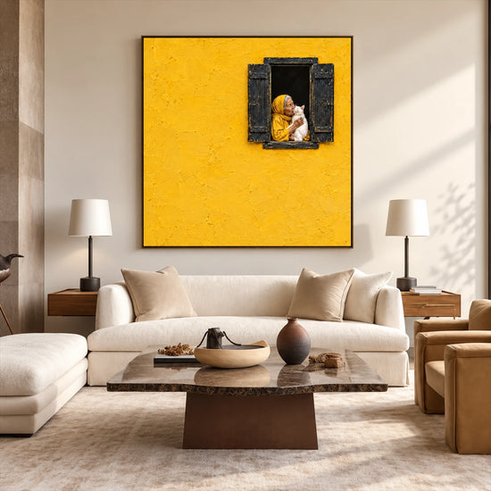 Saffron Window artwork displayed above a cream sofa between lamps.