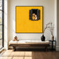 Saffron Window artwork displayed above a cushioned wooden bench.