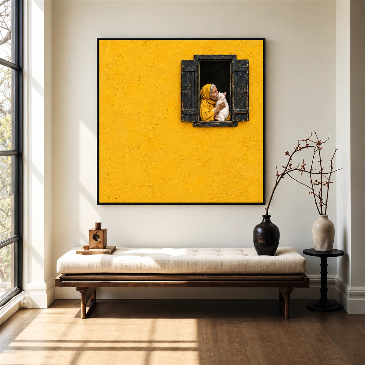 Saffron Window artwork displayed above a cushioned wooden bench.