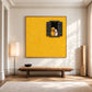 Saffron Window artwork displayed above a slim woven bench.