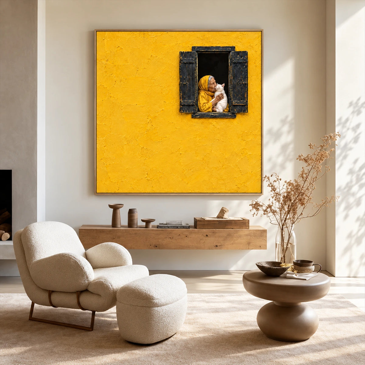 Saffron Window artwork displayed above a floating console beside a lounge chair.