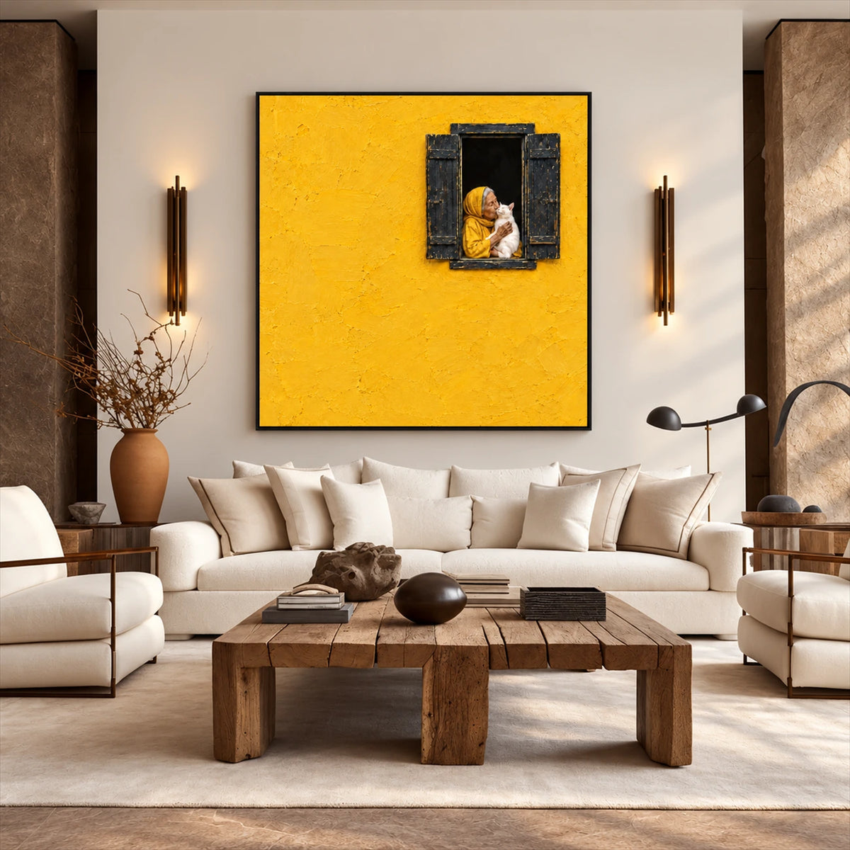 Saffron Window artwork displayed above a cream sofa between wall sconces.
