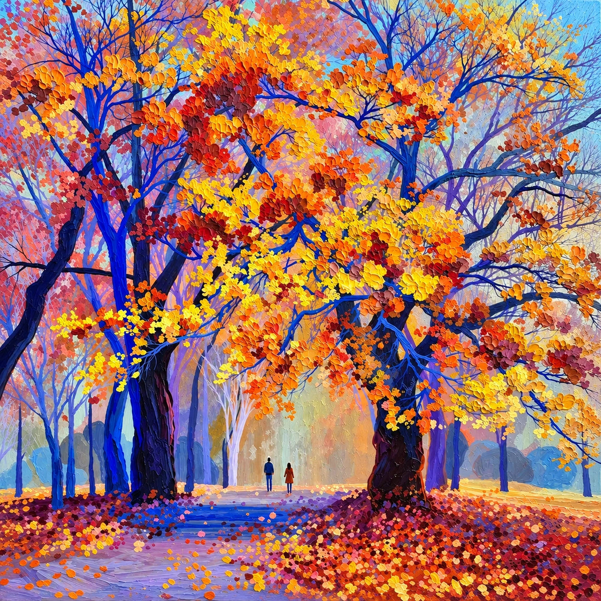 Cobalt Autumn full artwork. Cobalt-blue tree trunks rise beneath a brilliant canopy of yellow, orange, and red leaves.