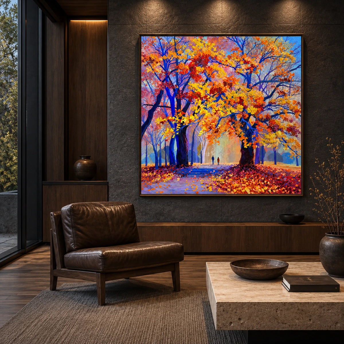 Cobalt Autumn artwork displayed above a low cabinet beside a brown chair.