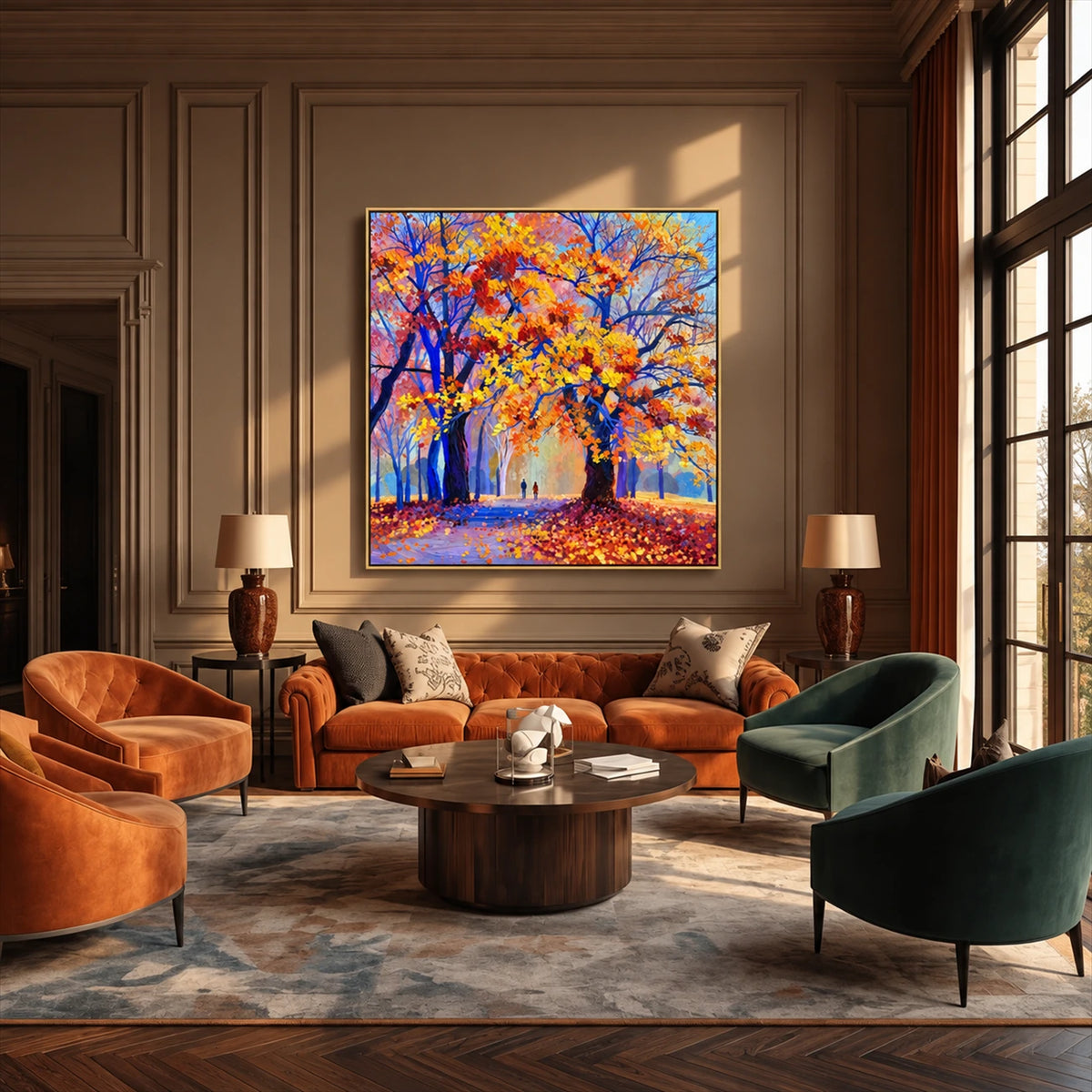 Cobalt Autumn artwork displayed above orange and green chairs in a paneled room.