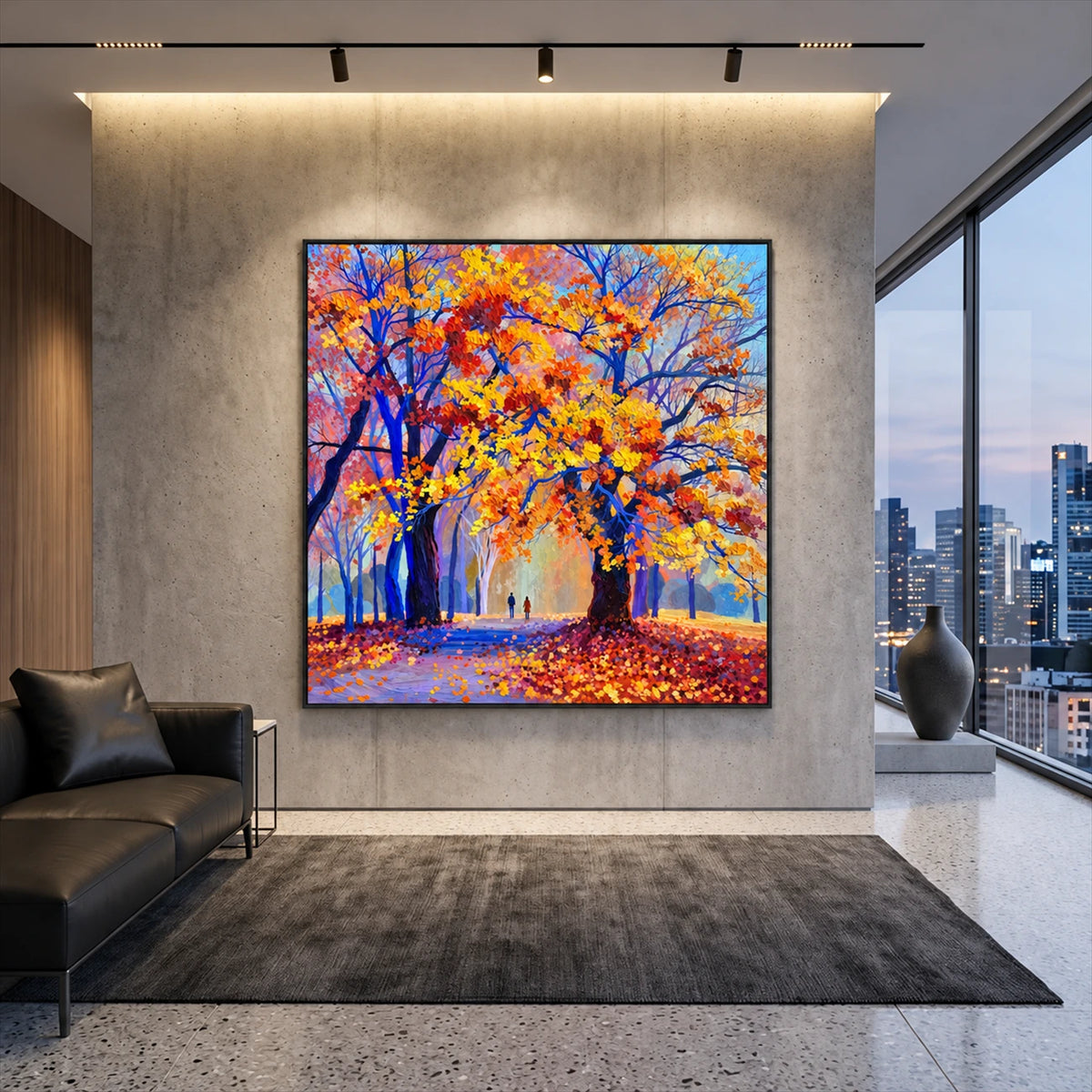 Cobalt Autumn artwork displayed on a pale wall beside city-view windows.