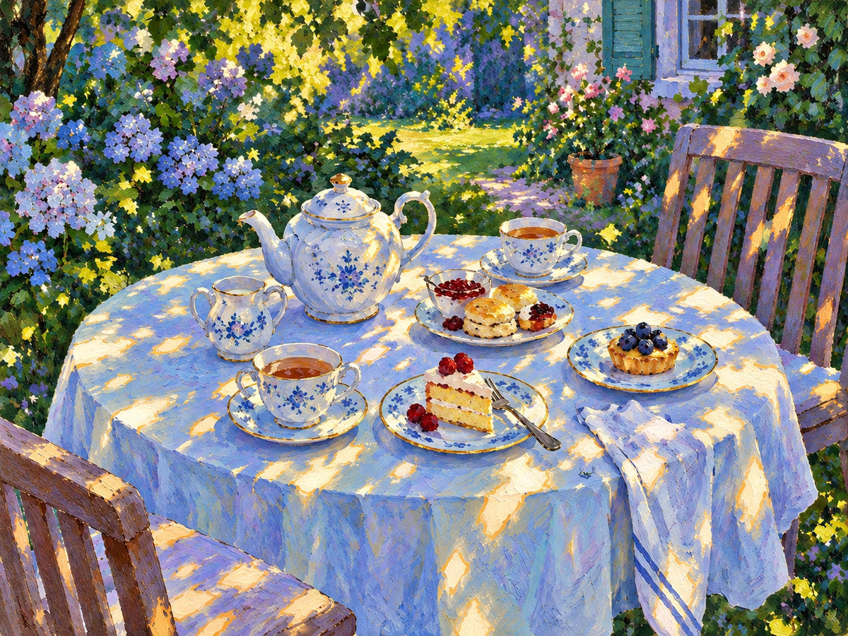 Sunlit Tea full artwork. A garden table set with patterned porcelain and small pastries catches patches of golden sunlight beneath surrounding foliage.