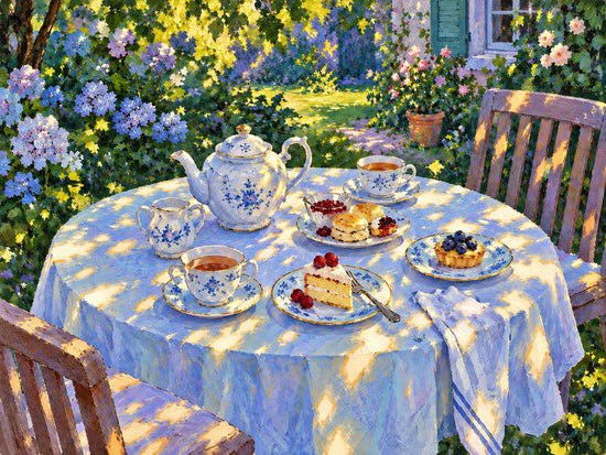 Sunlit Tea full artwork. A garden table set with patterned porcelain and small pastries catches patches of golden sunlight beneath surrounding foliage.