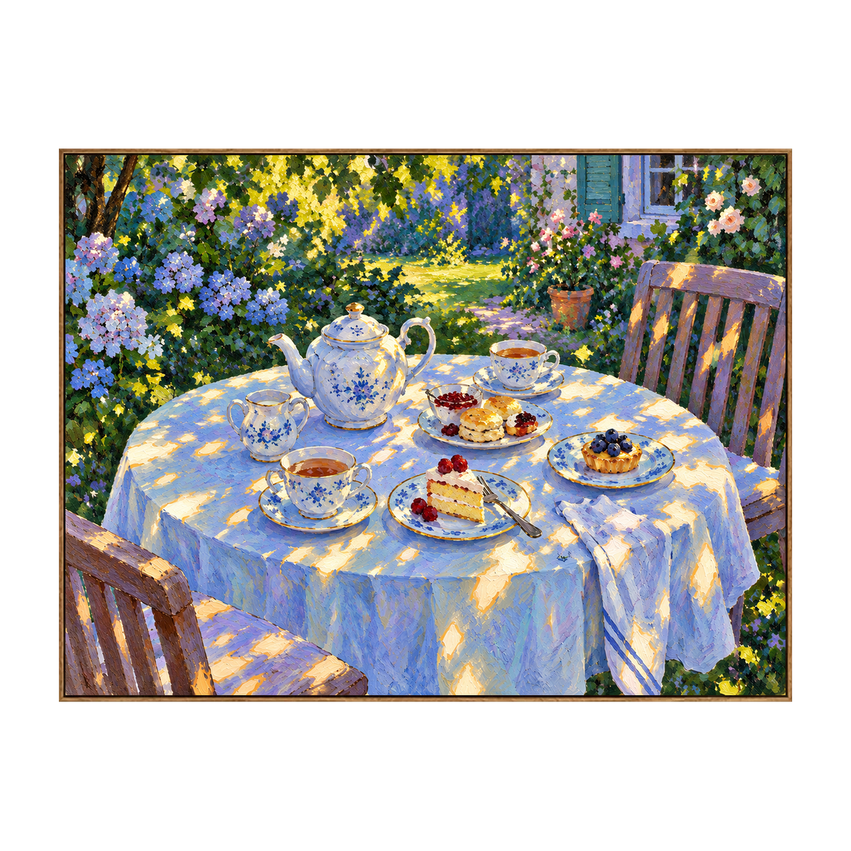 Sunlit Tea artwork in a natural wood frame on a transparent background.