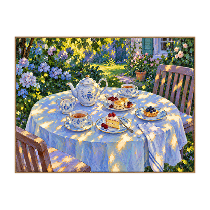 Sunlit Tea artwork in a natural wood frame on a transparent background.