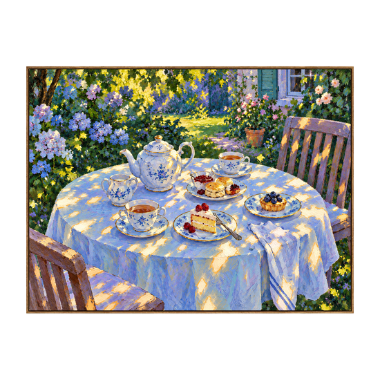 Sunlit Tea artwork in a natural wood frame on a transparent background.