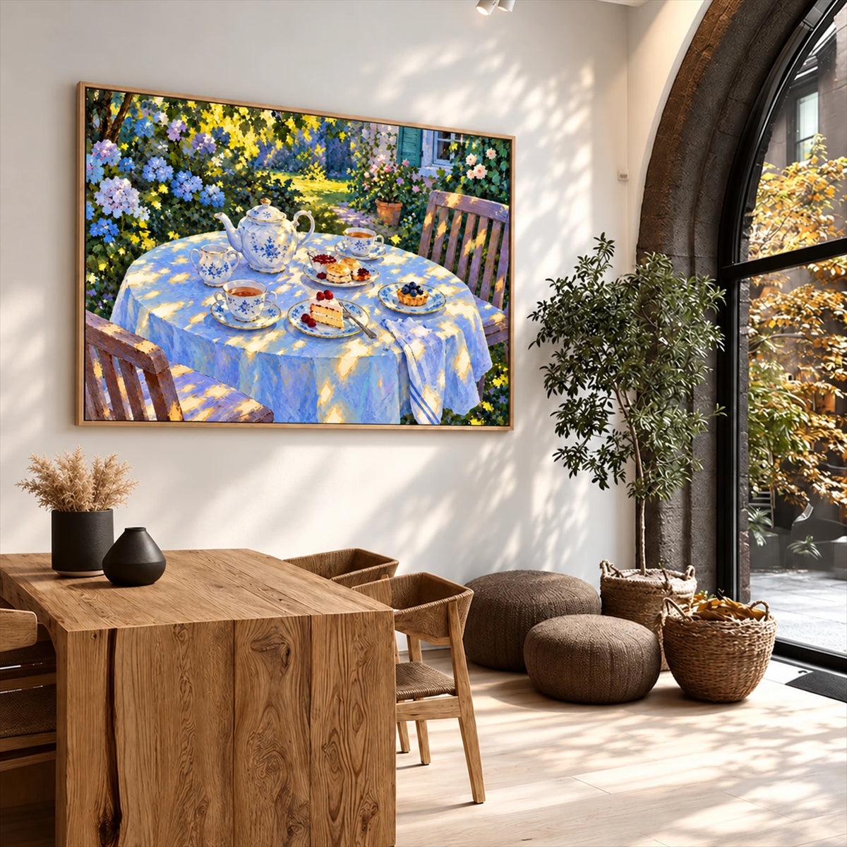 Sunlit Tea artwork displayed above a wooden desk near an arched window.
