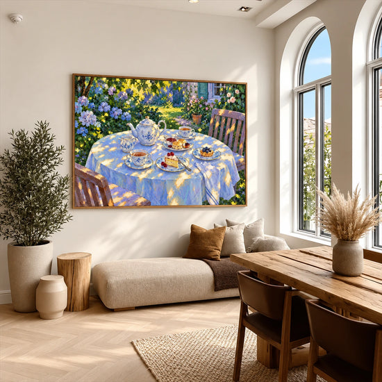 Sunlit Tea artwork displayed above a pale bench beside a dining table.