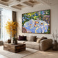 Sunlit Tea artwork displayed above a cream sofa beneath a coffered ceiling.
