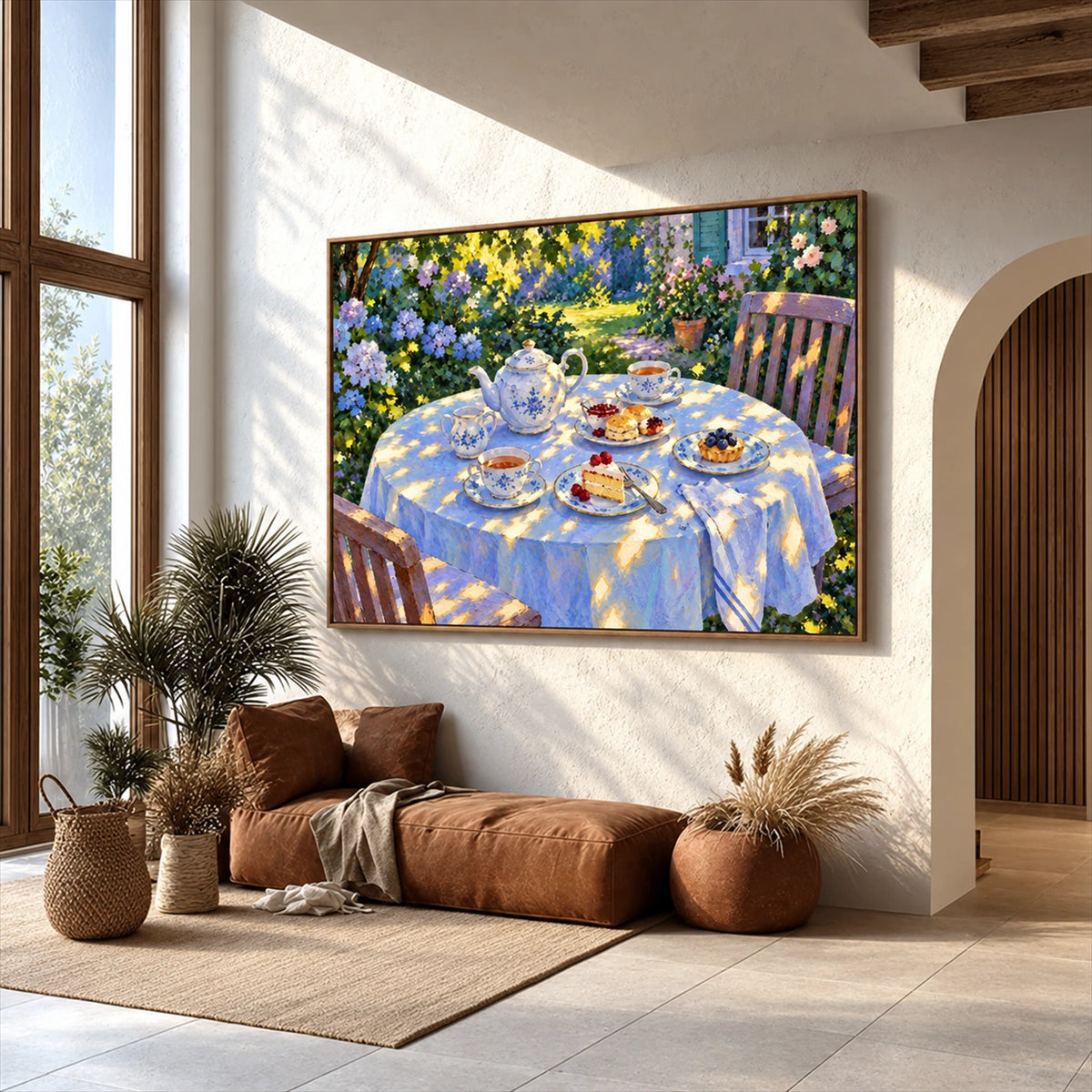 Sunlit Tea artwork displayed above a low brown daybed.