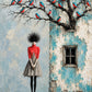 Birdsong Courtyard full artwork. A slender figure in red stands beside a weathered blue building, hands folded behind her beneath a tree filled with colorful birds.