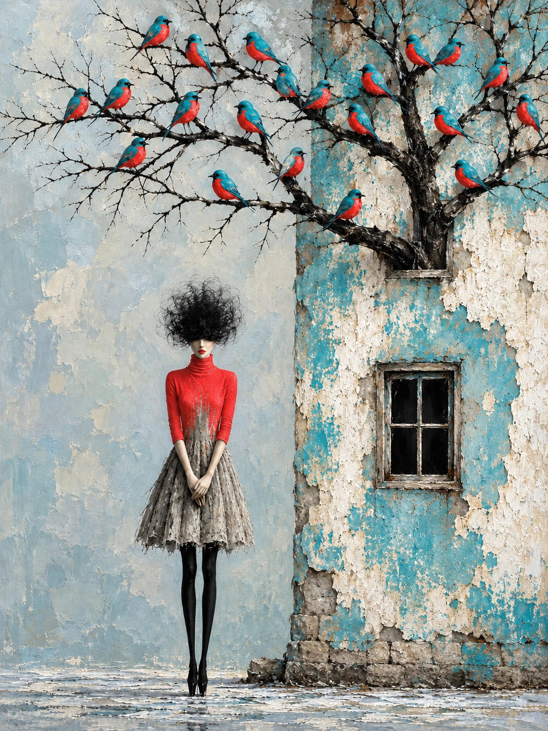 Birdsong Courtyard full artwork. A slender figure in red stands beside a weathered blue building, hands folded behind her beneath a tree filled with colorful birds.