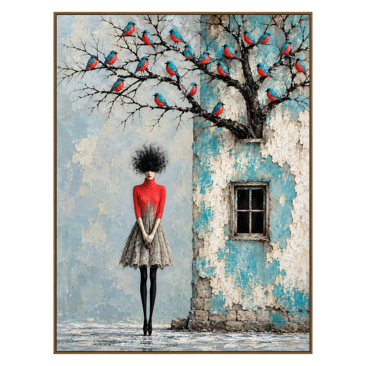Birdsong Courtyard artwork in a natural wood frame on a transparent background.