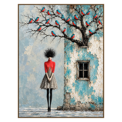 Birdsong Courtyard artwork in a natural wood frame on a transparent background.
