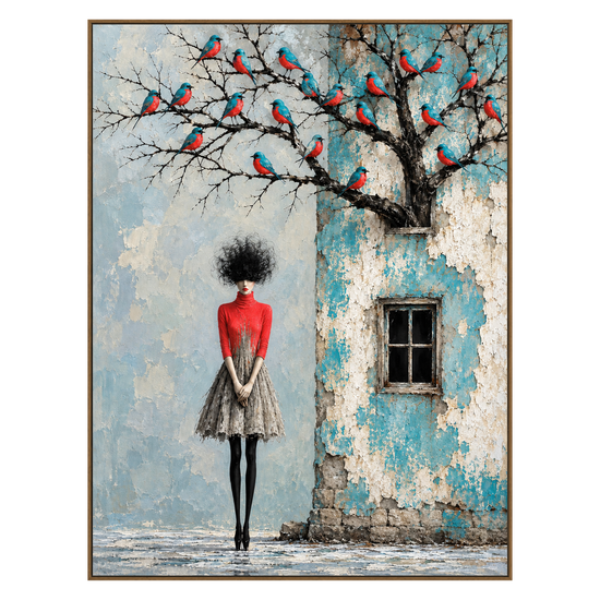 Birdsong Courtyard artwork in a natural wood frame on a transparent background.