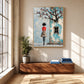 Birdsong Courtyard artwork displayed above a long wooden bench.