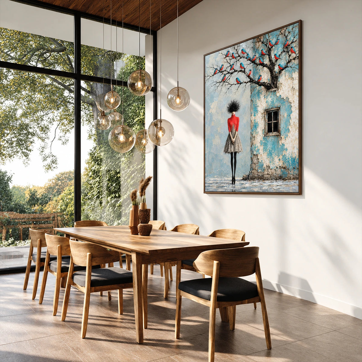 Birdsong Courtyard artwork displayed above a wooden dining table beneath glass pendants.