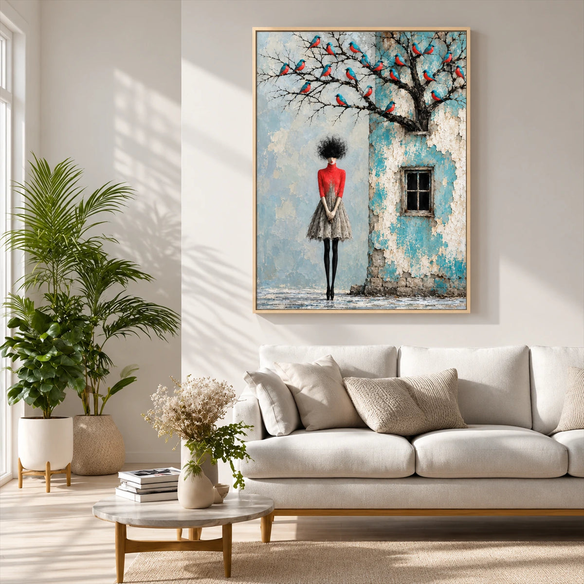 Birdsong Courtyard artwork displayed above a pale sofa near a bright window.