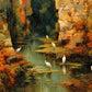 Autumn Herons full artwork. White herons stand among mossy banks along a calm stream enclosed by glowing autumn foliage.