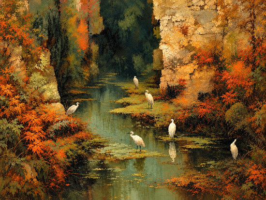 Autumn Herons full artwork. White herons stand among mossy banks along a calm stream enclosed by glowing autumn foliage.