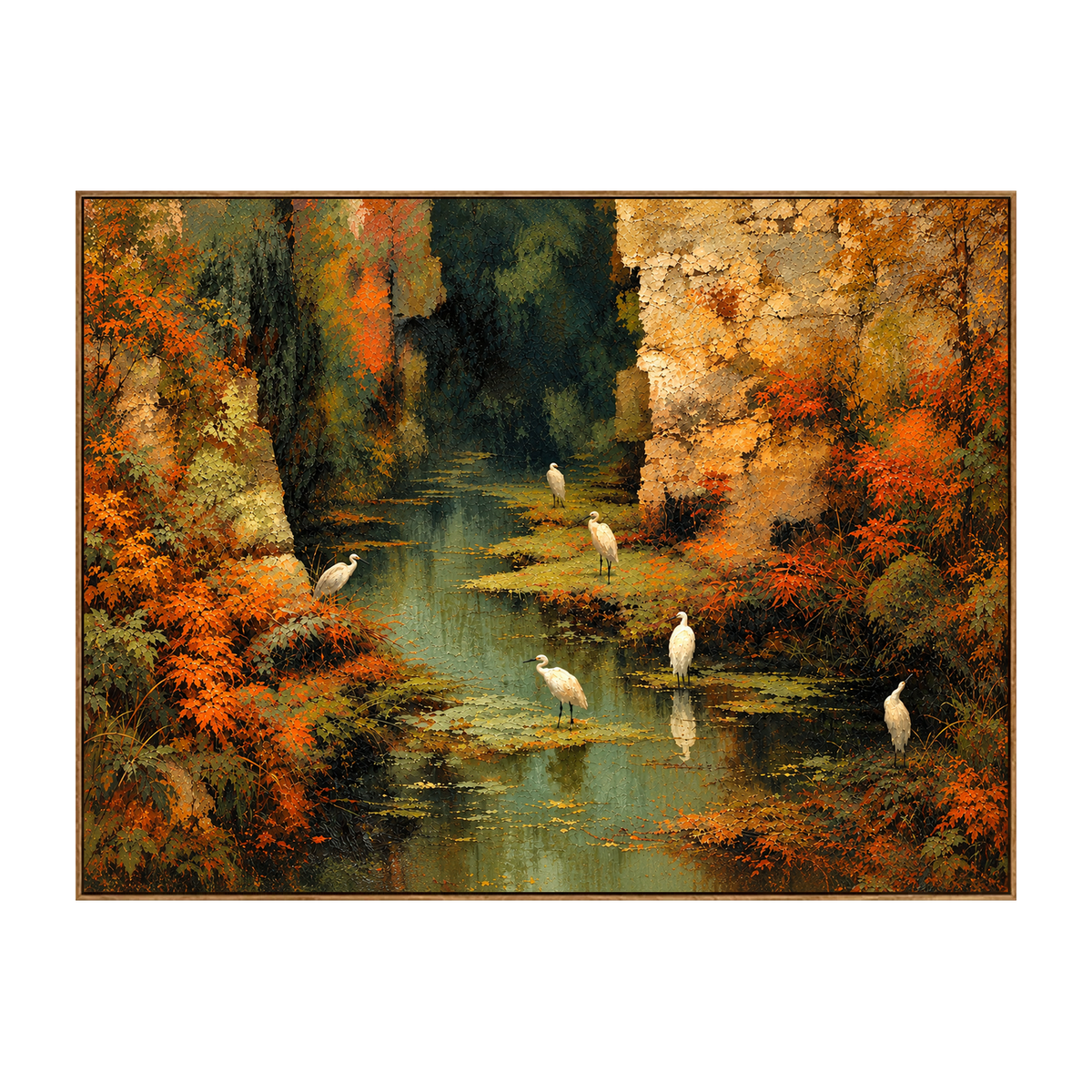 Autumn Herons artwork in a natural wood frame on a transparent background.
