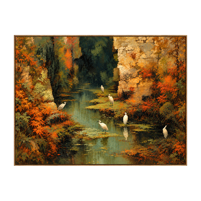 Autumn Herons artwork in a natural wood frame on a transparent background.
