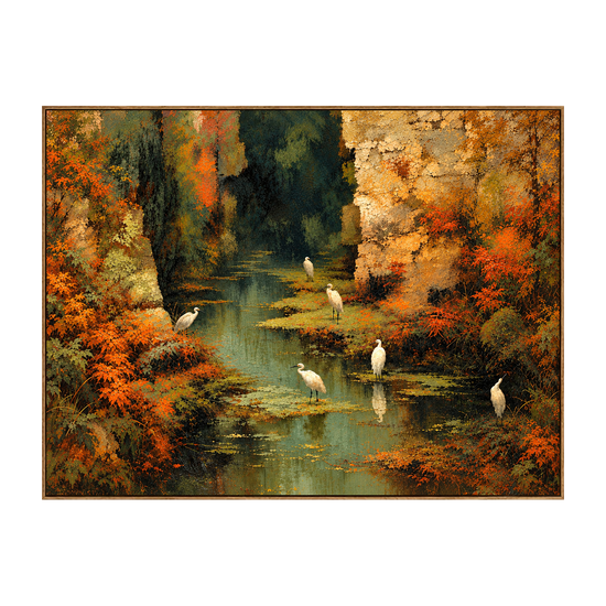 Autumn Herons artwork in a natural wood frame on a transparent background.