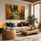 Autumn Herons artwork displayed above a cream sofa with colorful cushions.
