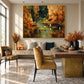 Autumn Herons artwork displayed above a bench behind a wooden dining table.