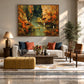 Autumn Herons artwork displayed above a cream sofa beside a yellow ottoman.