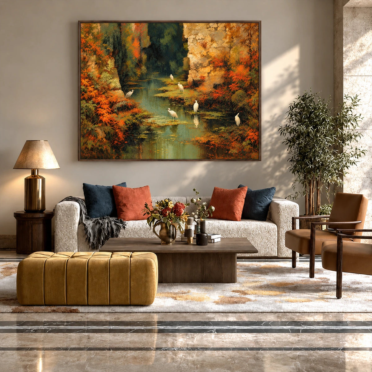 Autumn Herons artwork displayed above a cream sofa beside a yellow ottoman.