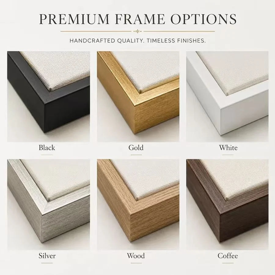 Autumn Herons Wall Art — Canvoil frame finish guide showing black, gold, white, silver and two wood-tone examples