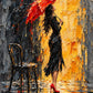 Crimson Rainwalk full artwork. A figure in a dark dress and red heels walks beneath a bright red umbrella beside an empty chair.