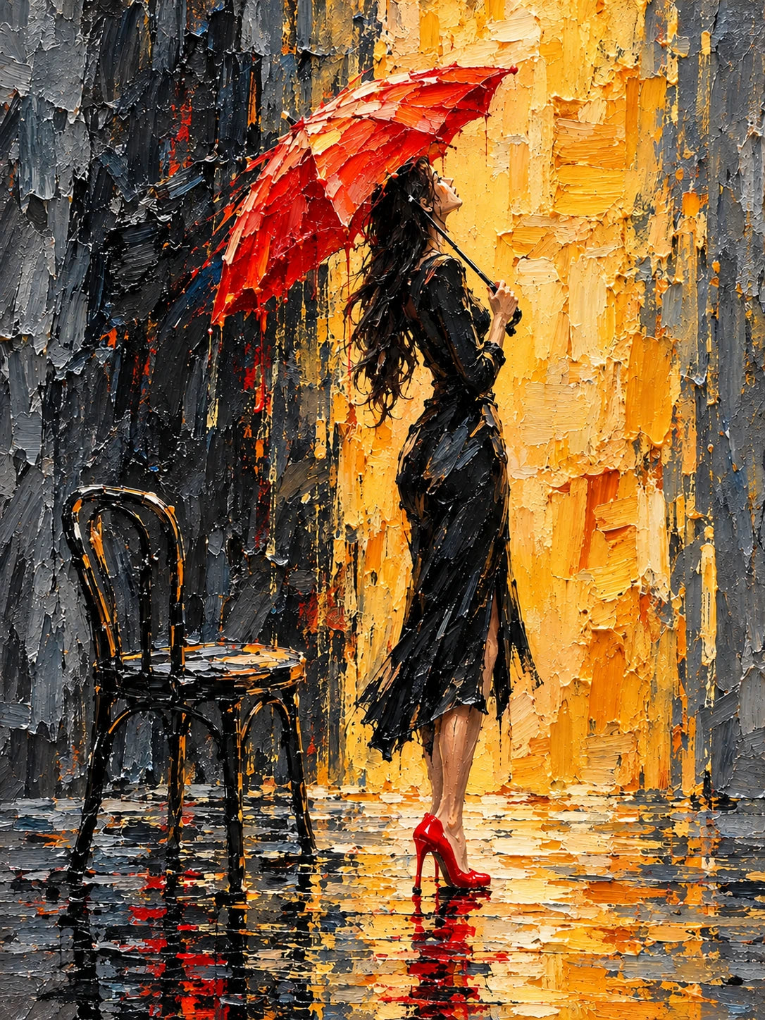 Crimson Rainwalk full artwork. A figure in a dark dress and red heels walks beneath a bright red umbrella beside an empty chair.