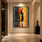 Crimson Rainwalk artwork displayed on a warmly lit foyer wall.