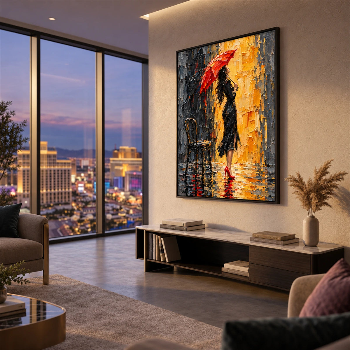 Crimson Rainwalk artwork displayed above a low console near city-view windows.