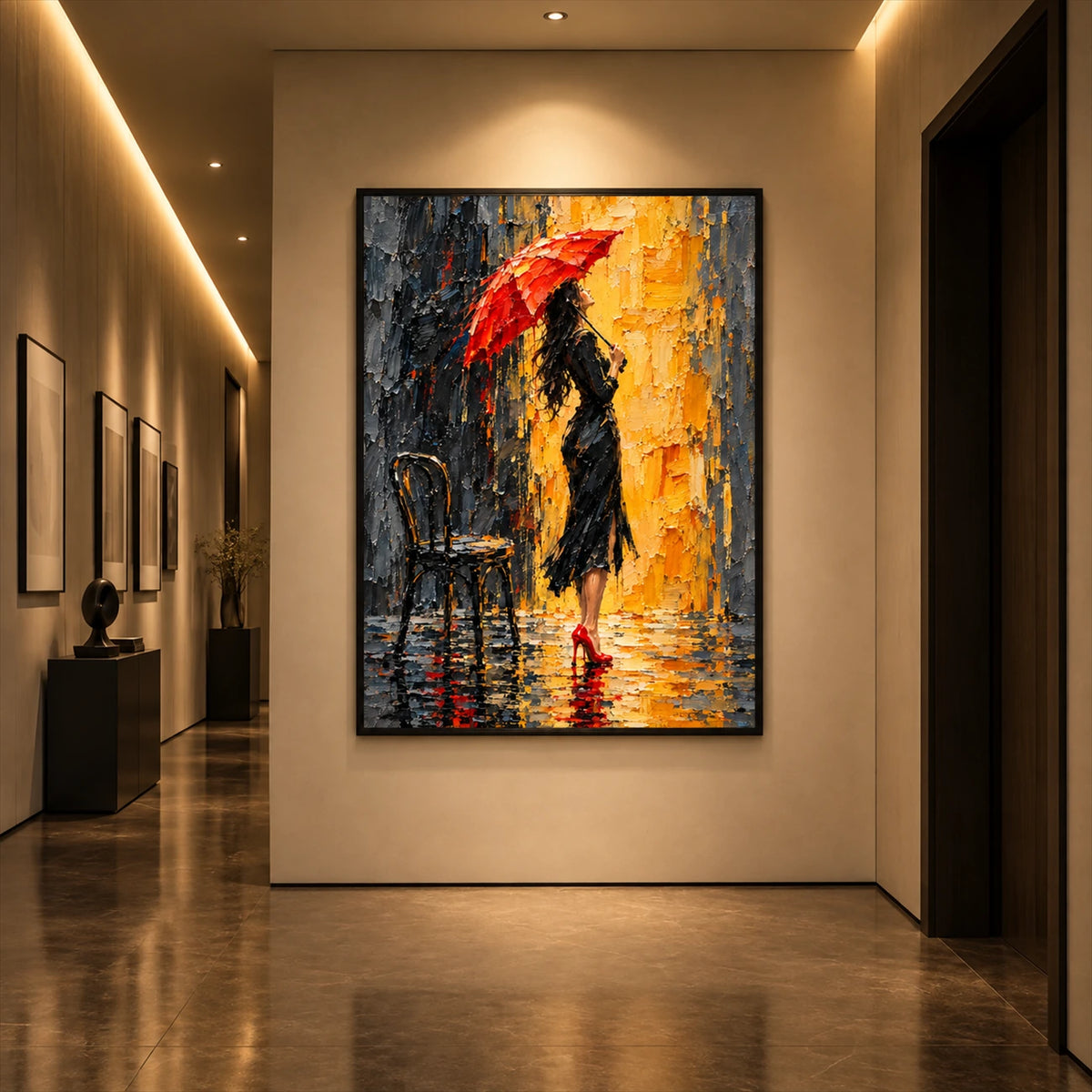 Crimson Rainwalk artwork displayed at the end of a softly lit hallway.