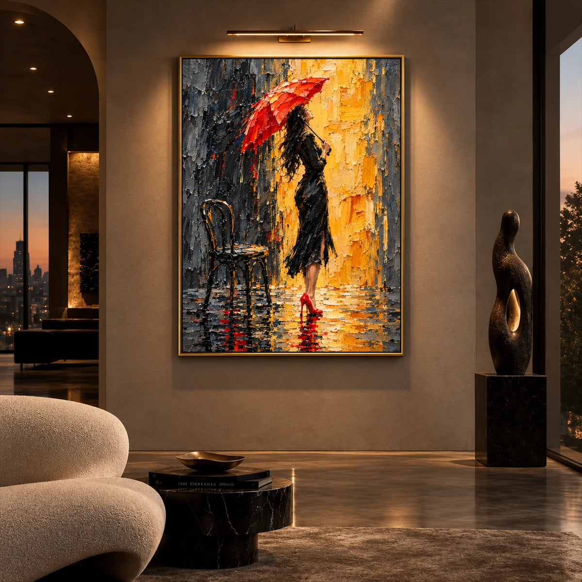 Crimson Rainwalk artwork displayed beside a sculptural cream chair.