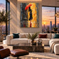 Crimson Rainwalk artwork displayed above a cream sofa beside sunset windows.