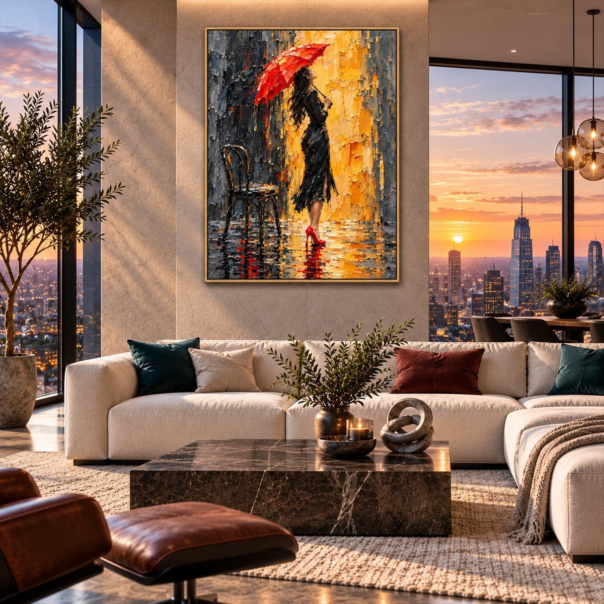 Crimson Rainwalk artwork displayed above a cream sofa beside sunset windows.